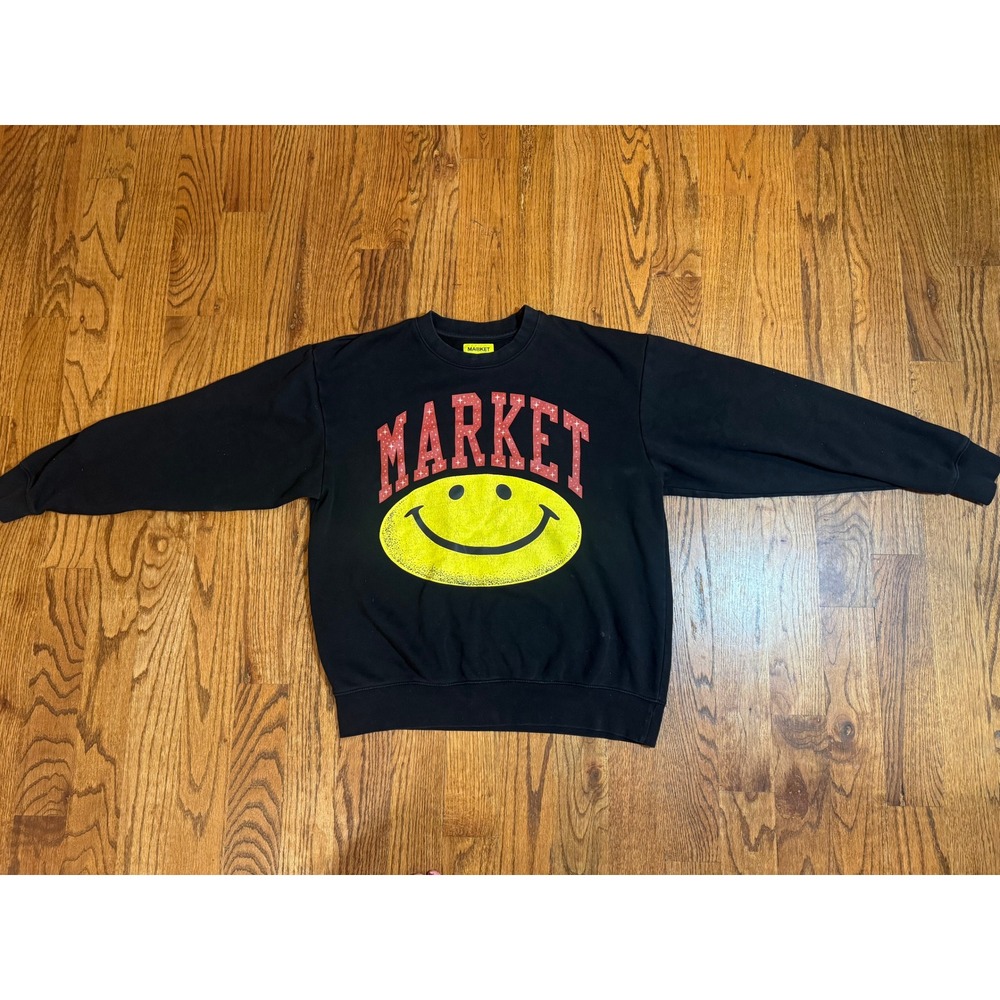 Market Smiley Company Crewneck Sweatshirt Black Mens Large Graphic Streetwear
